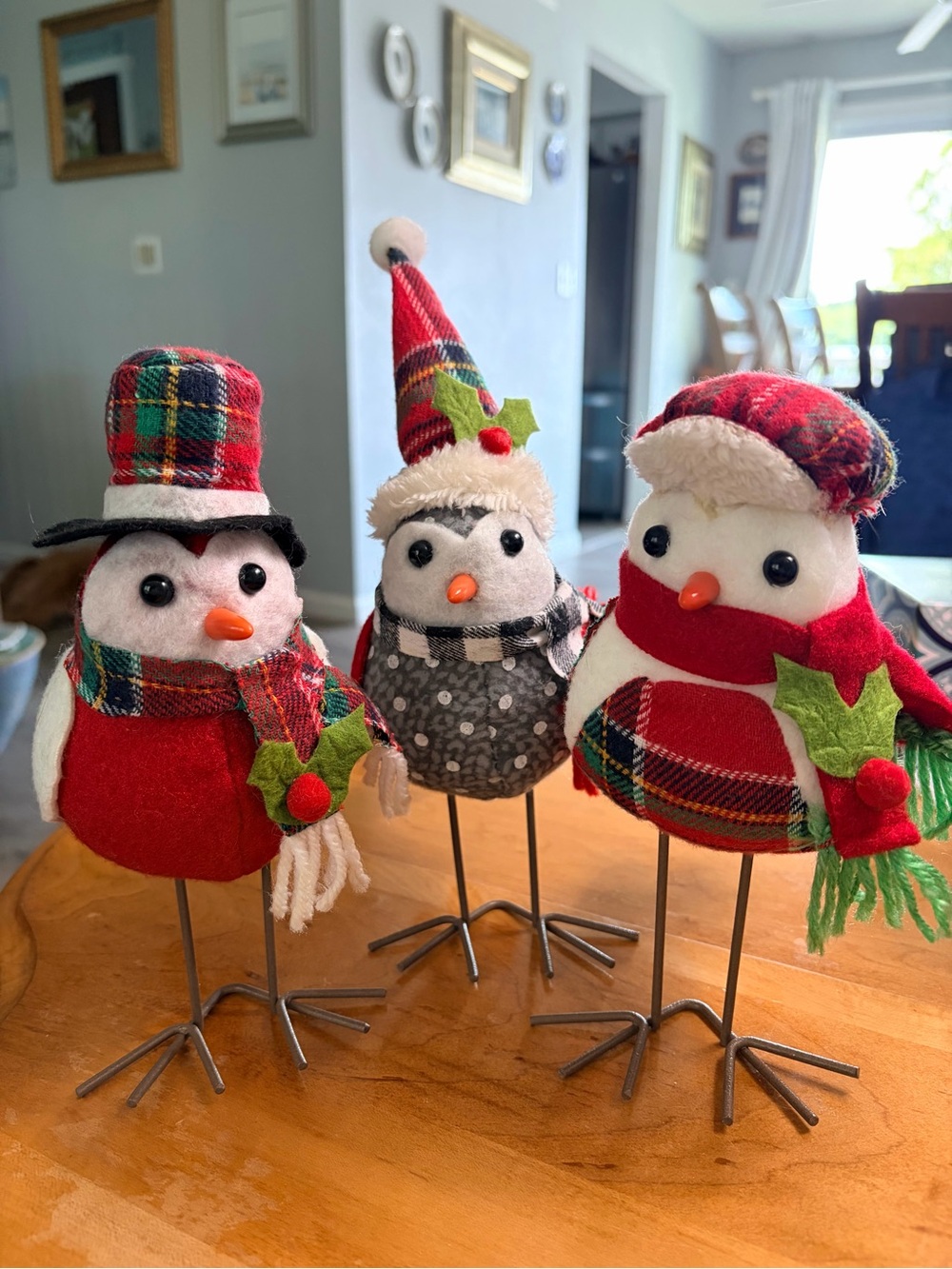 Festive Plaid Holiday Bird Trio - Red and Gray Christmas Decor